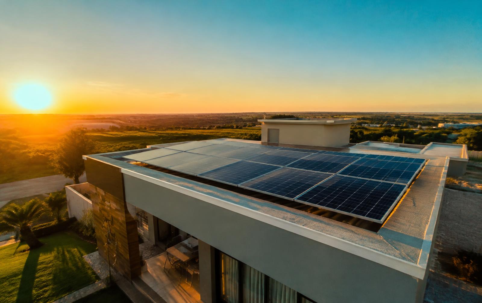 Casa com placas solares ao pôr do sol